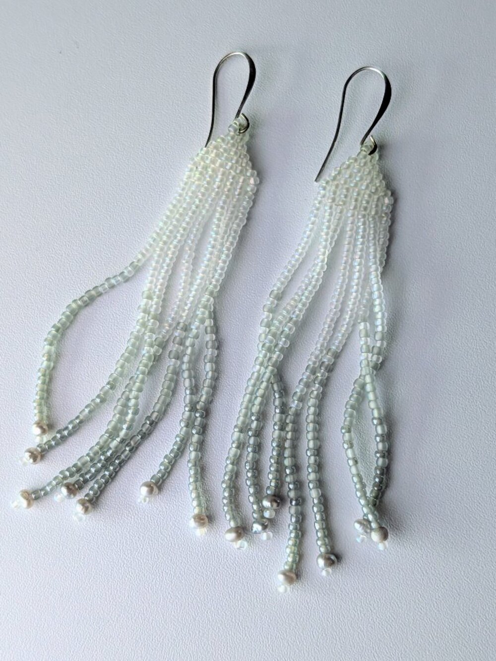Handmade First Nations Beaded Dangle Earrings Grey White Sterling Silver Earwire